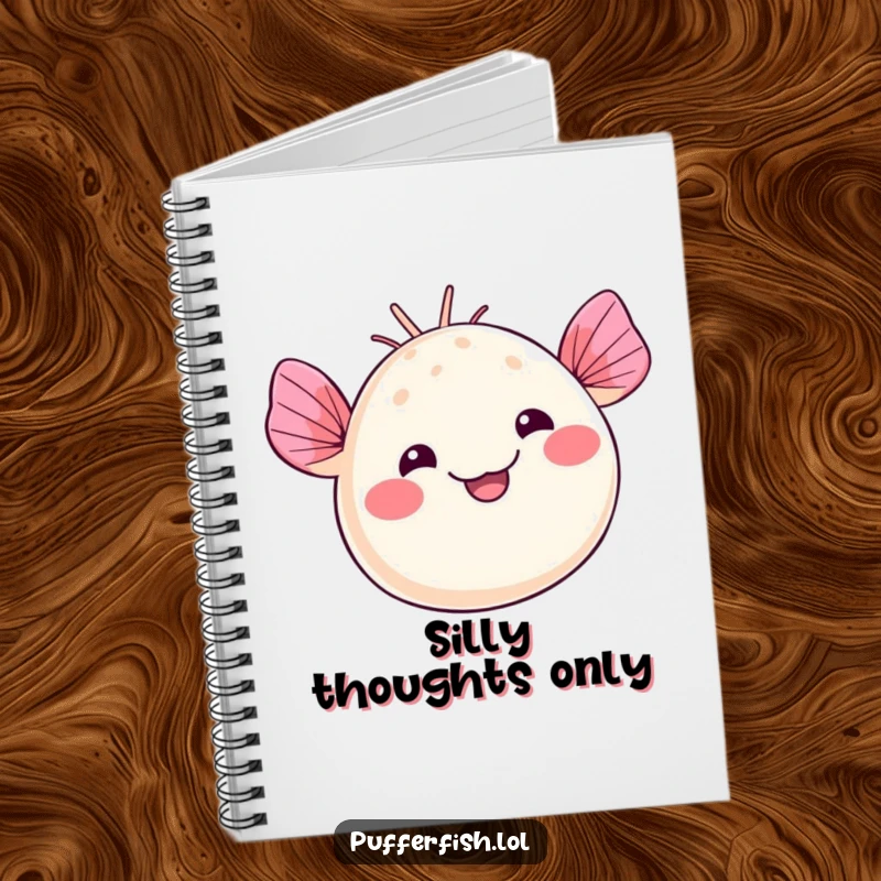 Funny kawaii pufferfish notebook cover, waving fins with a silly smile, perfect for jotting notes and ideas, a cute funny gift.