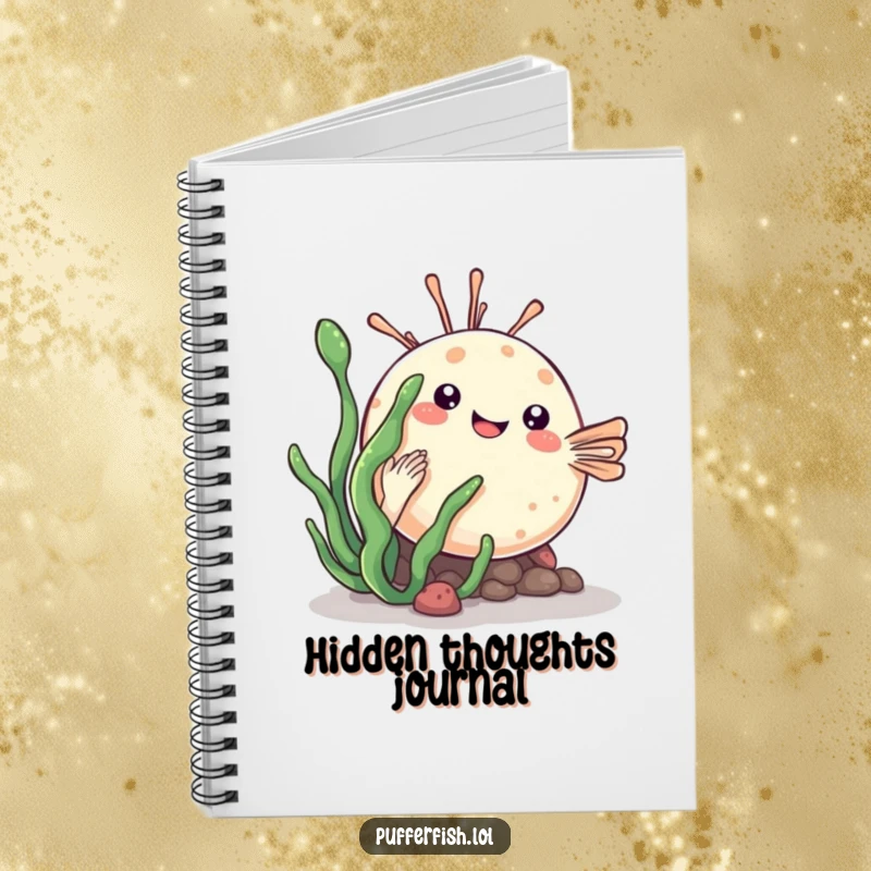 Funny kawaii pufferfish notebook playfully hiding behind a sea plant, a cute journal for notes and creative ideas.