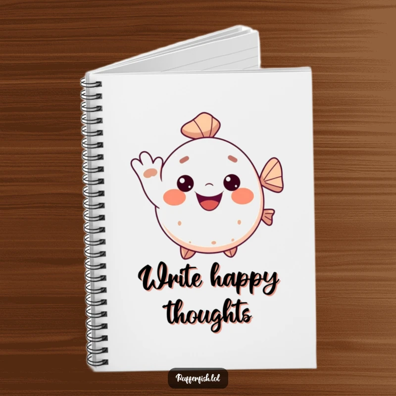 Funny Kawaii pufferfish notebook, a cute fish giving a cheerful wave with a big smile, ideal for jotting down happy notes.