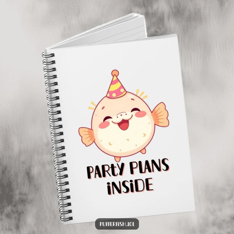 Funny notebook with a pufferfish character wearing a tiny party hat and giggling, perfect for writing with a festive and humorous theme.