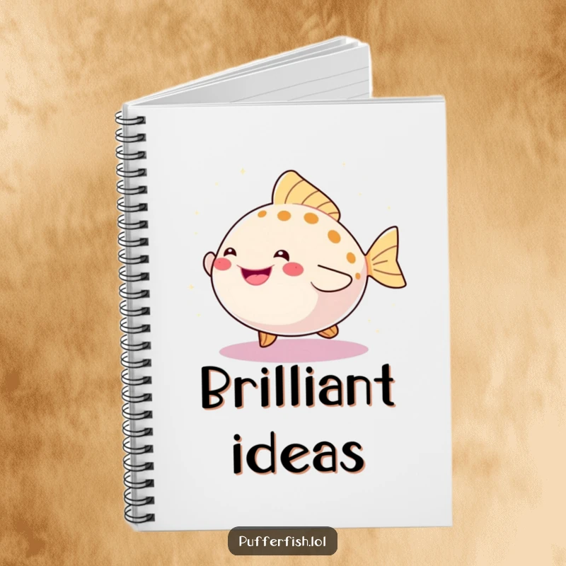 Funny notebook cover with a happy pufferfish dancing joyfully amidst a vibrant display of shimmering sparkles.