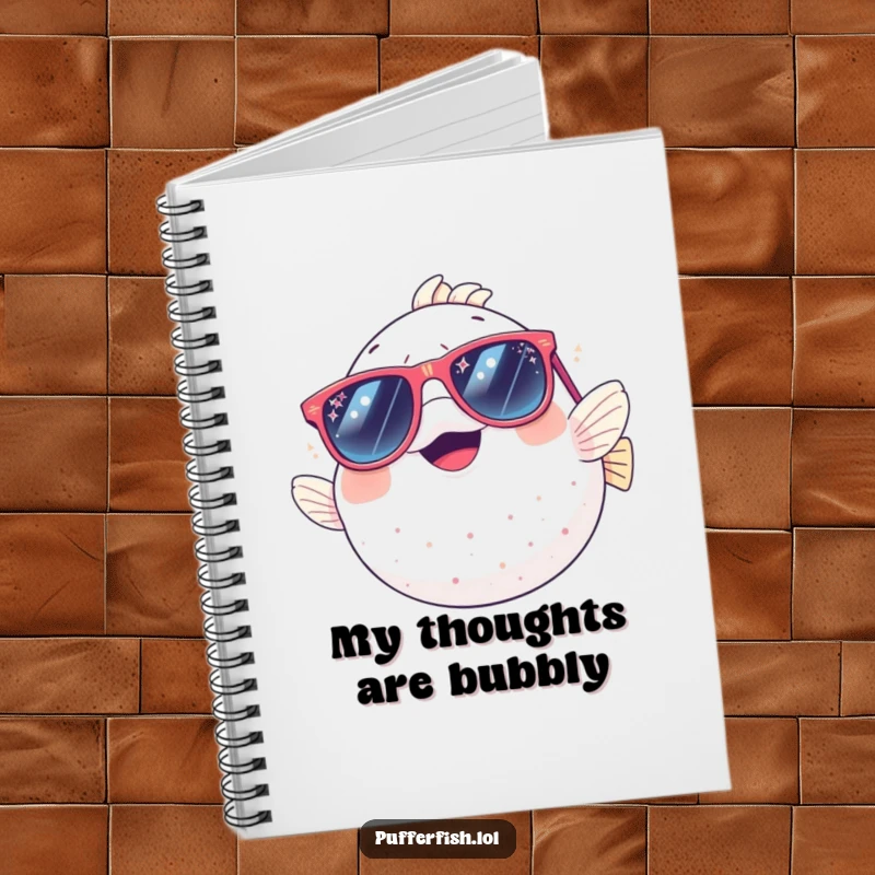 Funny notebook: a pufferfish giggling energetically while wearing oversized, sparkly sunglasses, perfect for jotting down humorous thoughts.