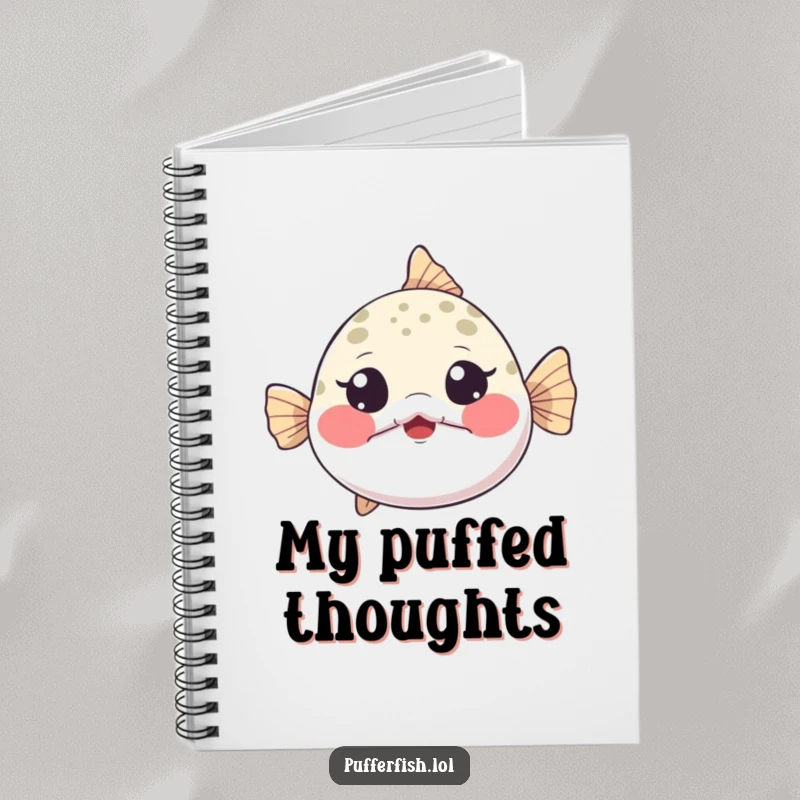 Funny Notebook with a tiny pufferfish inflating dramatically, cheeks puffed, eyes wide with playful surprise, perfect for notes.