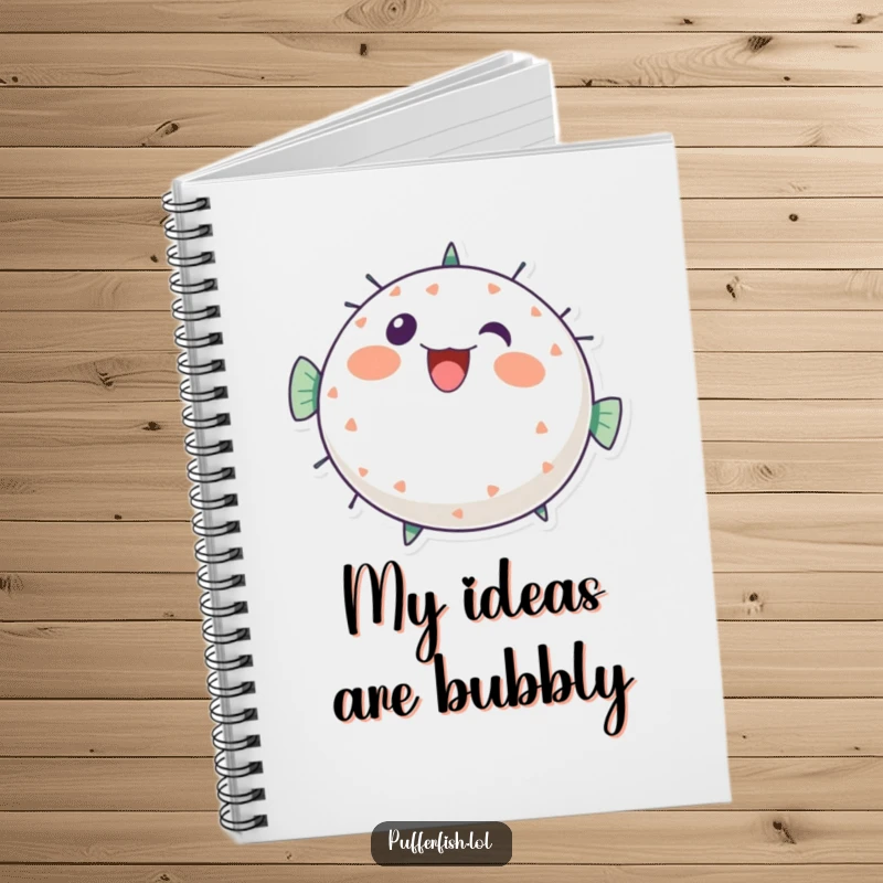 Funny pufferfish notebook cover, a round character bursting with cheerful, bubbly energy, perfect for jotting notes, a creative funny gift.