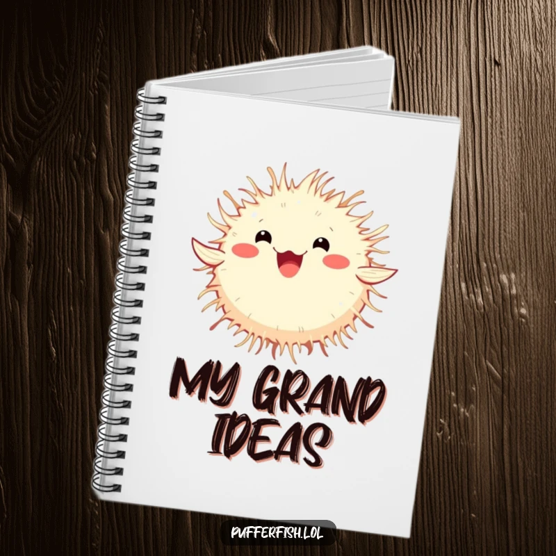 Funny Pufferfish Notebook showing a fluffy pufferfish spinning happily, perfect for capturing notes and ideas with a touch of humor.