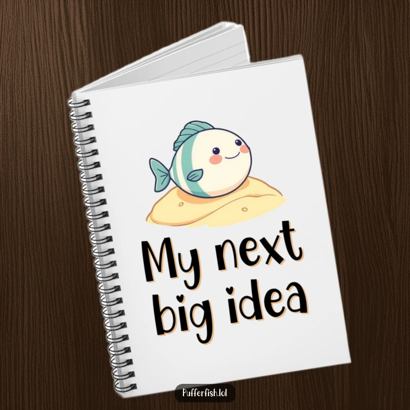Funny notebook cover with a very round fish character rolling down a sandy hill with pure glee, perfect for inspired note-taking.