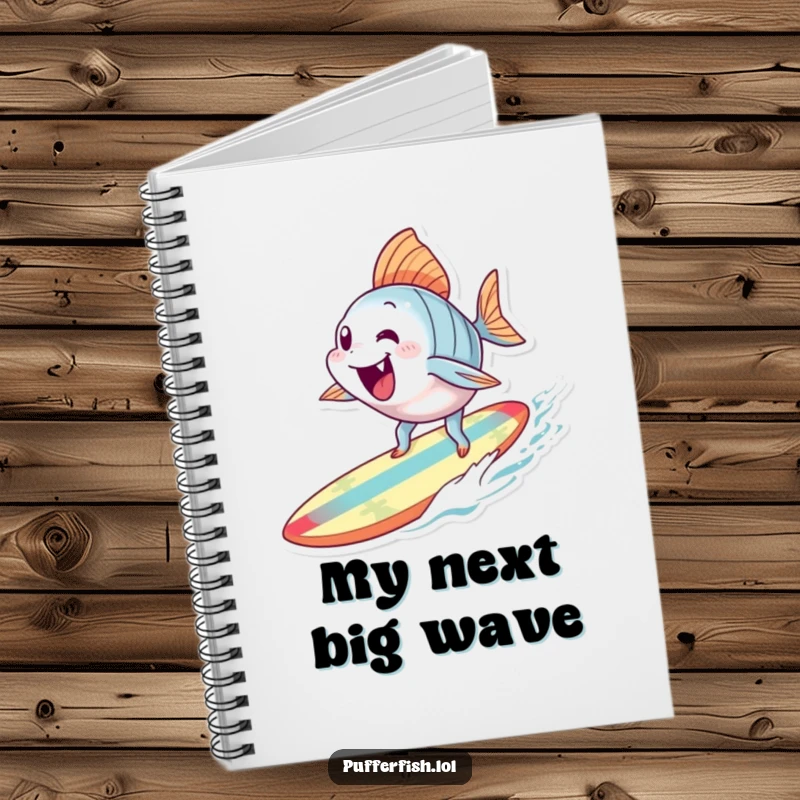 Funny Surfing Fish Notebook: A notebook cover showing an excited fish character surfing on a small, colorful surfboard, ideal for jotting notes.