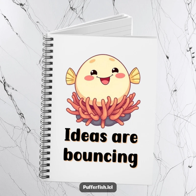 Funny notebook cover with a round, ecstatically smiling pufferfish joyfully bouncing on a sea anemone, ideal for capturing thoughts.
