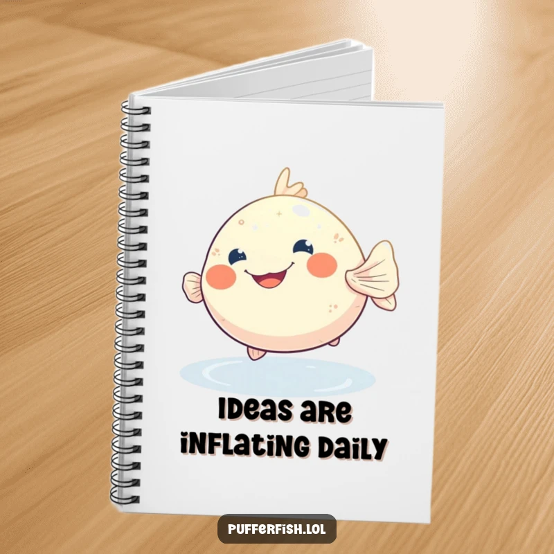 Funny pufferfish notebook with a wide, cheerful grin, bobbing in shimmering water, ready to capture your notes.
