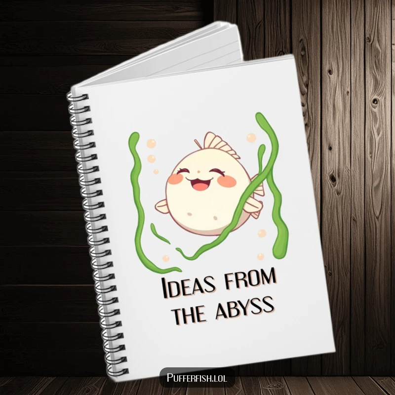 Funny notebook cover with a pufferfish character laughing heartily while being tickled by seaweed, perfect for capturing funny thoughts.