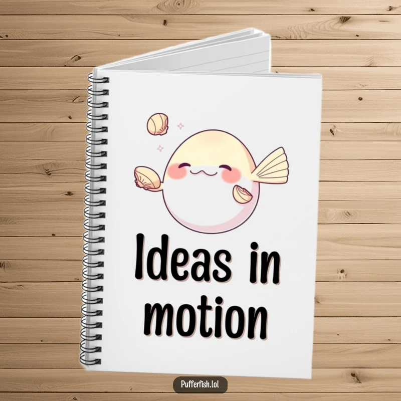 Funny pufferfish notebook, skillfully juggling shiny seashells with its fins, perfect for jotting down inspired thoughts.