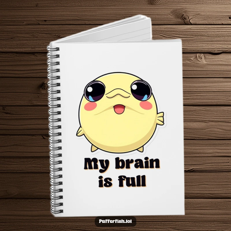 Funny notebook cover with a kawaii pufferfish character rapidly inflating with wide, joyful eyes, perfect for capturing bubbly thoughts.