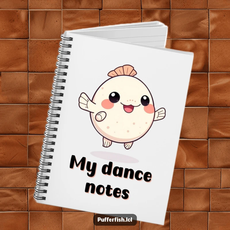 Funny kawaii pufferfish notebook, happily dancing with wiggling fins, perfect for notes and as a funny gift.