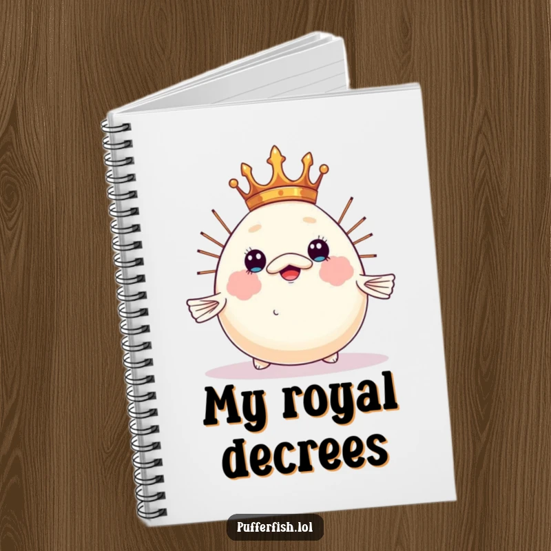 Funny pufferfish notebook, humorously balancing a tiny crown on its inflated head, perfect for jotting down royal thoughts.