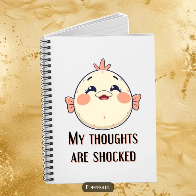 Funny kawaii pufferfish surprise notebook featuring a round face with wide eyes and an open mouth in a comical shocked expression.