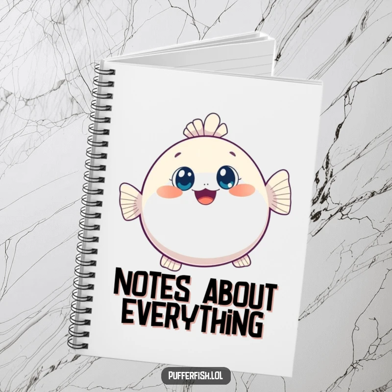 Funny notebook with a kawaii pufferfish inflating with wide, curious eyes, perfect for writing and drawing with a cute theme.