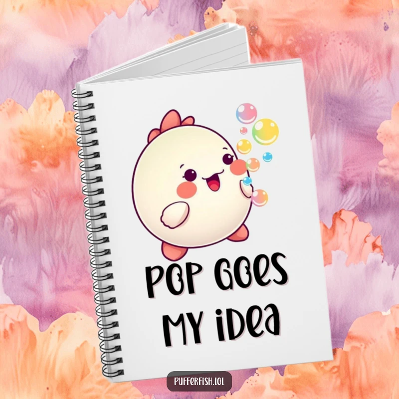 Funny Kawaii pufferfish blowing colorful, happy bubbles on the cover of a cute notebook for writing.