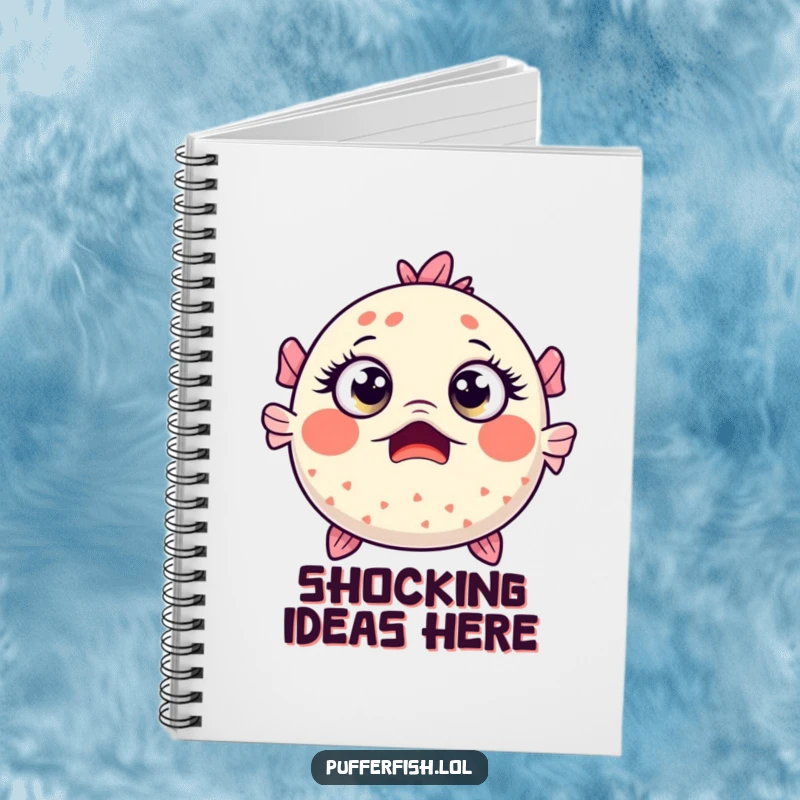 Funny Kawaii pufferfish with wide, surprised eyes on the cover of a cute notebook for writing.