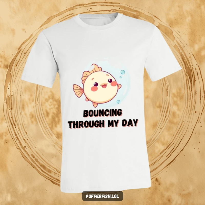 Funny kawaii pufferfish t-shirt, playfully bouncing a large bubble, showing its cute and cheerful underwater personality.