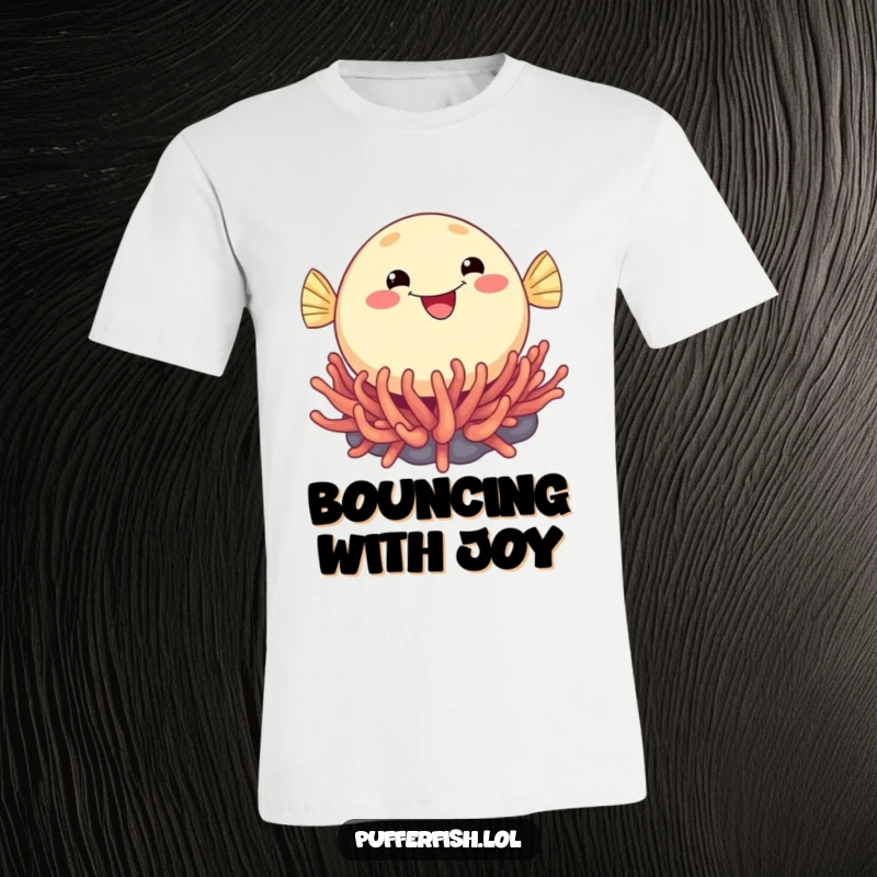 Funny t-shirt showcasing a round, smiling pufferfish joyfully bouncing on a colorful sea anemone, radiating infectious aquatic merriment.