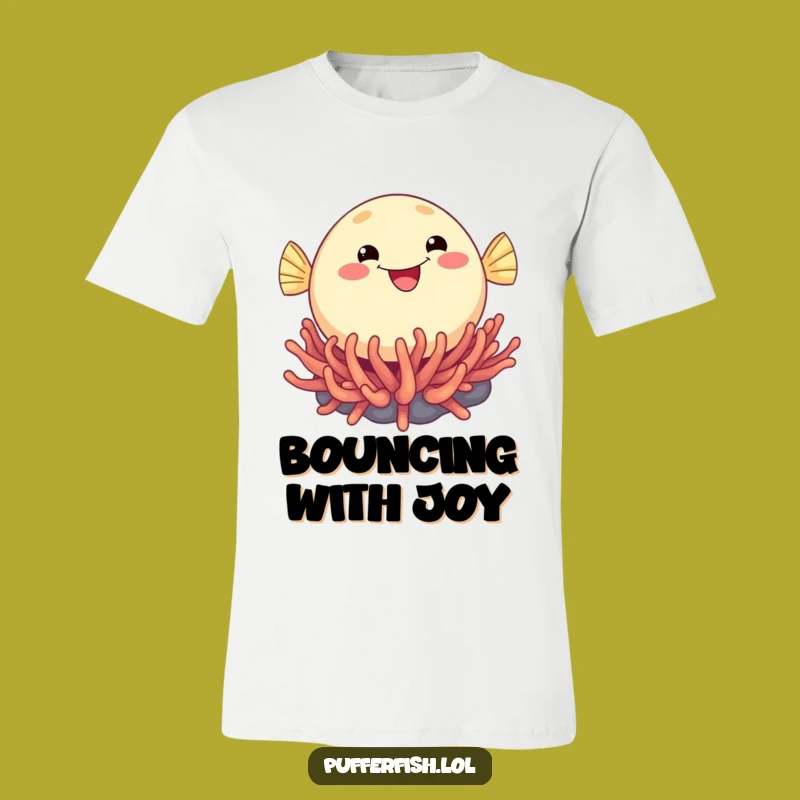 Funny Pufferfish Bounce Tee: Smiling Fish on Anemone, Ideal Funny Gift