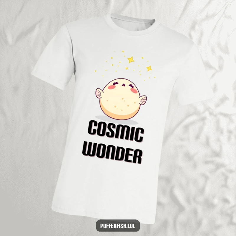Funny Pufferfish T-Shirt: An amazed pufferfish gazes skyward at a dazzling display of shooting stars, embodying cosmic surprise.