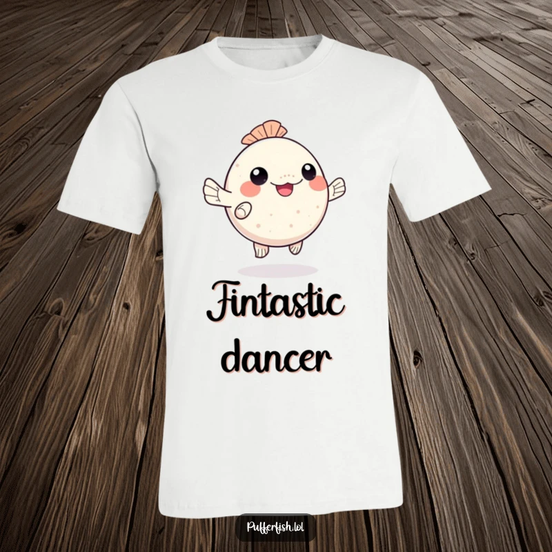 Funny kawaii pufferfish t-shirt, happily dancing with wiggling fins, perfect for aquatic style and as a funny gift.