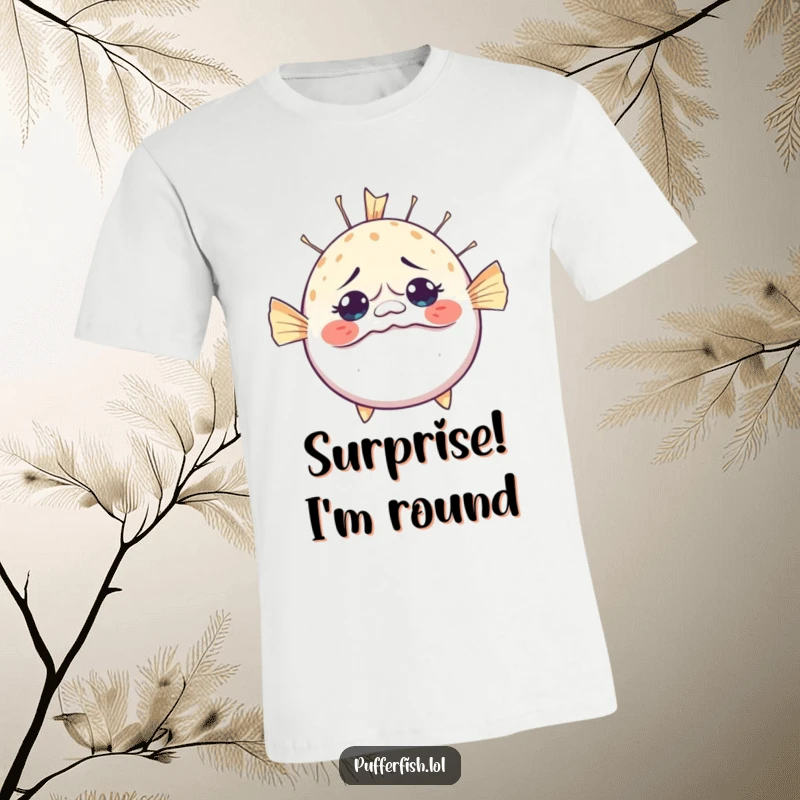 Funny Bewildered Pufferfish T-Shirt: A humorous tee showing a pufferfish rapidly inflating with a comically bewildered and surprised facial expression.