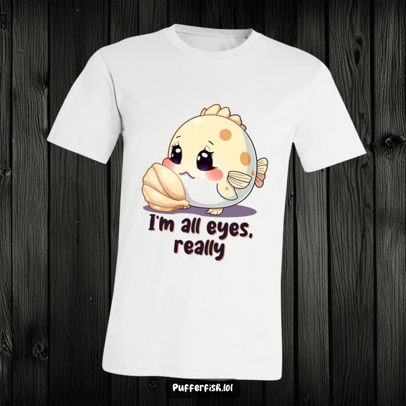 Funny t-shirt showing a curious pufferfish character inspecting a shiny seashell with wide, amazed eyes, highlighting its fascination with discoveries.