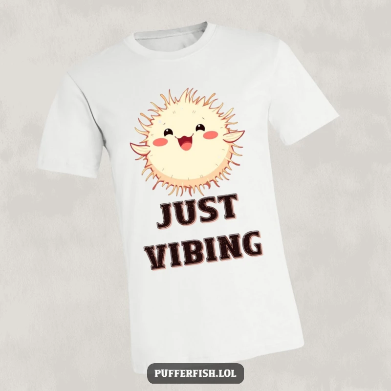 Funny Pufferfish T-Shirt depicting a fluffy, round pufferfish caught in a moment of pure, dizzying happiness while spinning rapidly.
