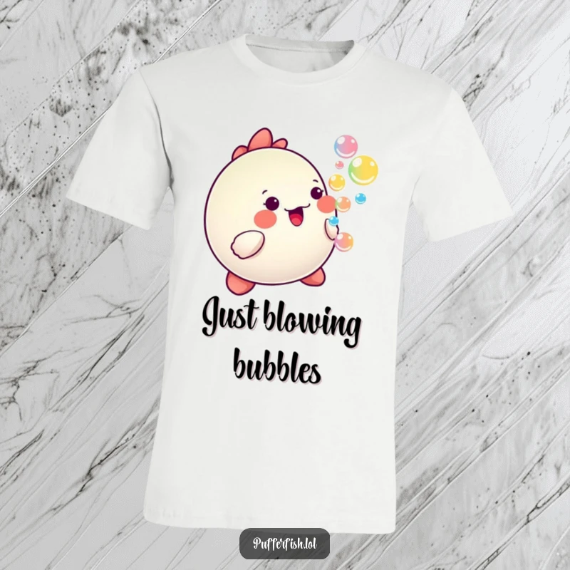 Funny Kawaii pufferfish blowing colorful, happy bubbles while wearing a cheerful t-shirt.