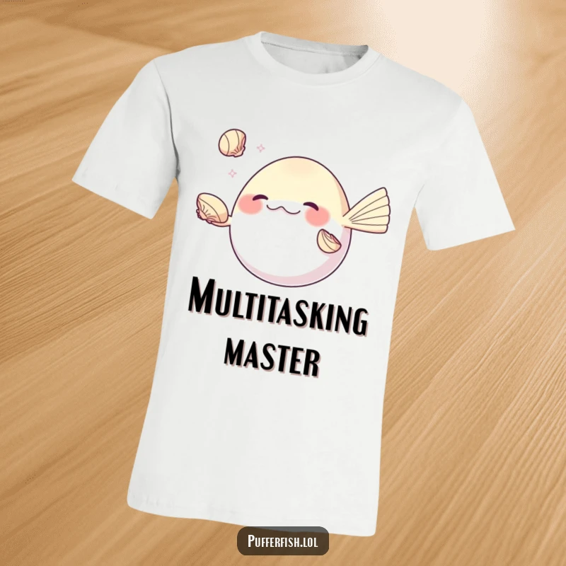 Funny pufferfish t-shirt, impressively juggling three shiny seashells with its fins, a humorous and talented ocean dweller.