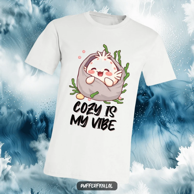 Funny Kawaii pufferfish giggling happily, wrapped in a cozy seaweed blanket, wearing a comfortable t-shirt.