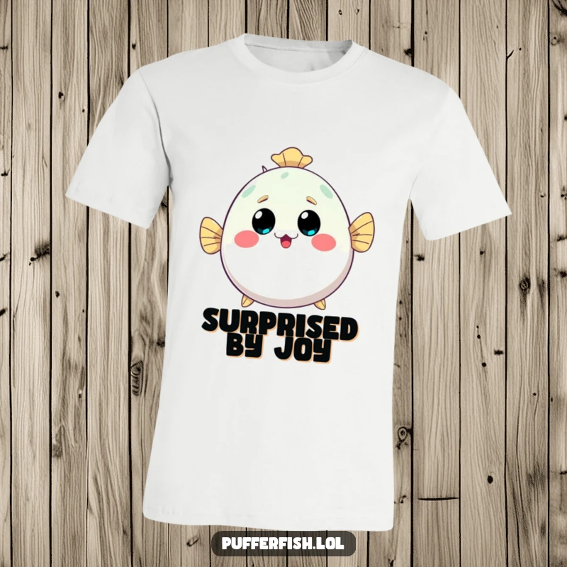 Funny kawaii pufferfish t-shirt, inflating with a surprised and happy look, showcasing its puffy, cute underwater personality.