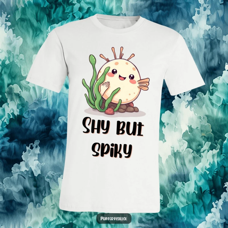 Funny kawaii pufferfish t-shirt playfully hiding behind a sea plant, showcasing an adorable and charming design.
