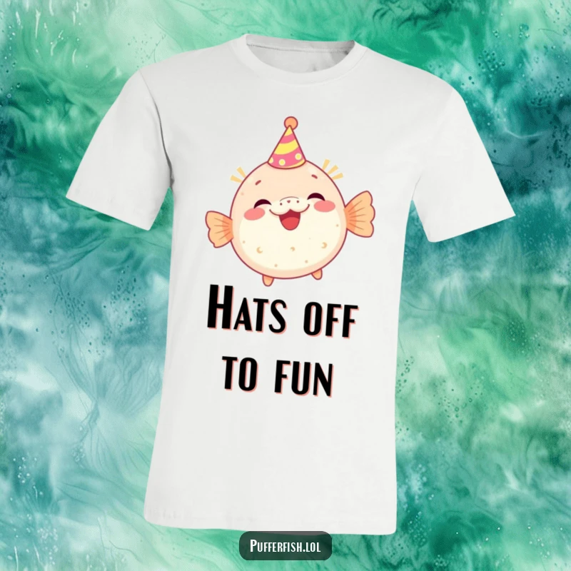 Funny t-shirt with a pufferfish character wearing a tiny party hat and giggling, capturing a moment of pure, infectious celebratory joy.
