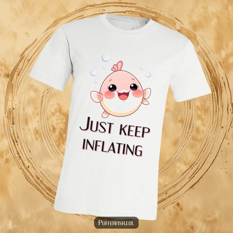 Funny pufferfish swim t-shirt showcasing a small, gleeful pufferfish rising with a trail of happy bubbles, perfect for ocean lovers.