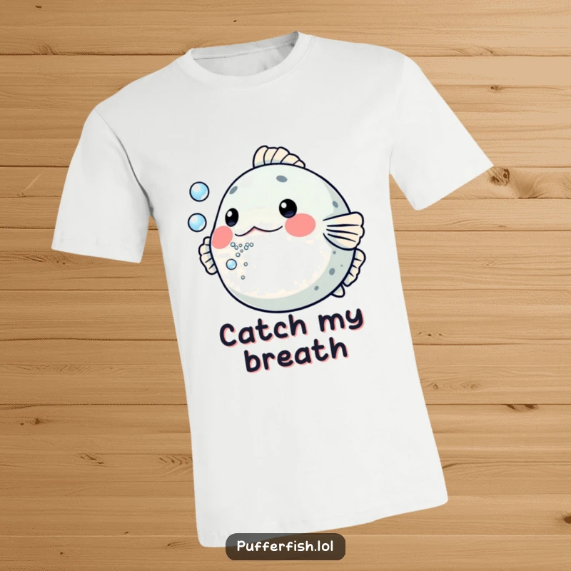 Funny Pufferfish T-Shirt: A whimsical pufferfish comically blowing a stream of tiny bubbles towards the viewer, radiating playful energy.