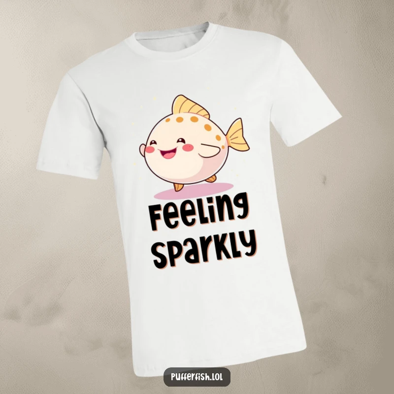 Funny t-shirt depicting a happy pufferfish in a lively dance pose, surrounded by dazzling sparkles, showcasing pure, unadulterated fun.