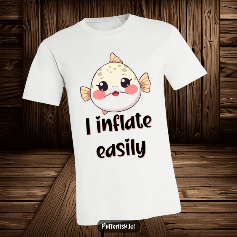 Funny T-Shirt depicting a tiny pufferfish inflating dramatically, cheeks puffed, eyes wide with playful surprise, very funny.
