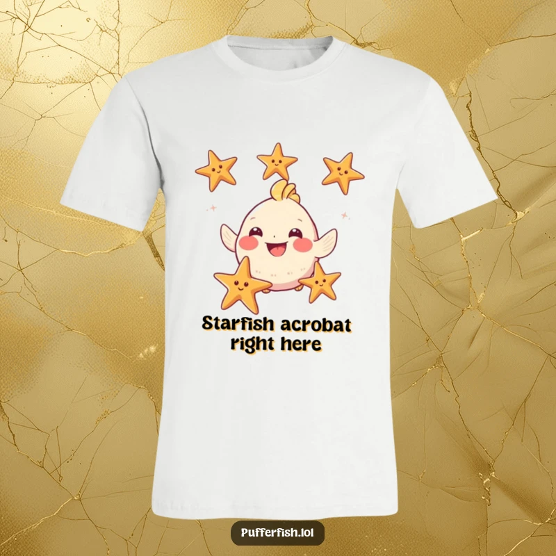 Funny Puffy Fish T-Shirt: A puffy fish with a huge grin enthusiastically juggles three starfish, embodying pure joy and comedic skill.
