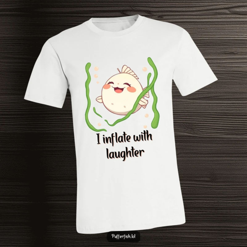 Funny t-shirt showing a pufferfish character roaring with laughter, being tickled by seaweed, conveying immense joy and silliness.