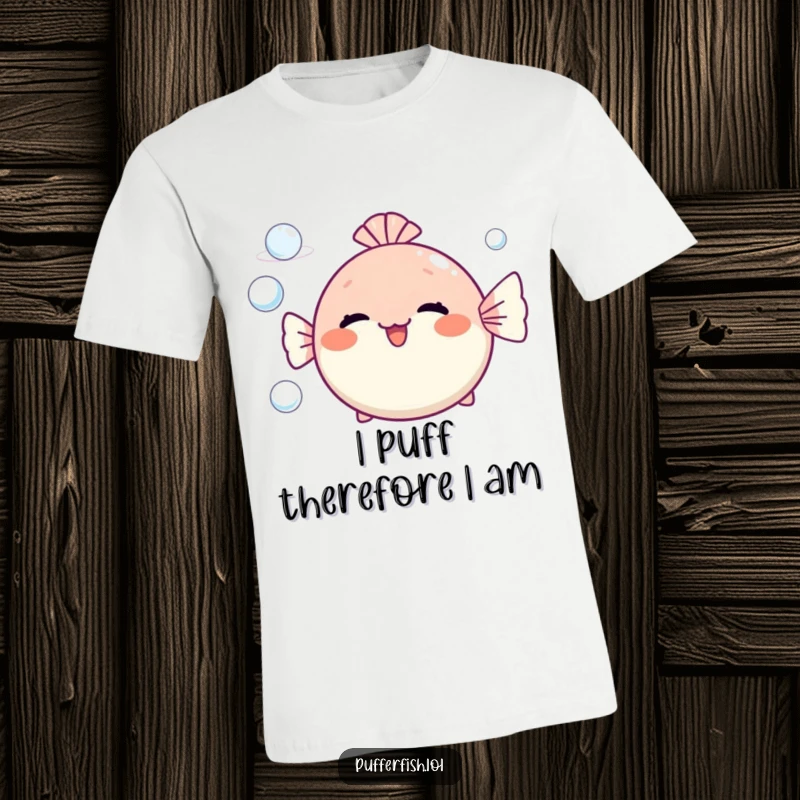Funny pufferfish t-shirt blowing cheerful bubble rings, depicting a whimsical and happy underwater scene.