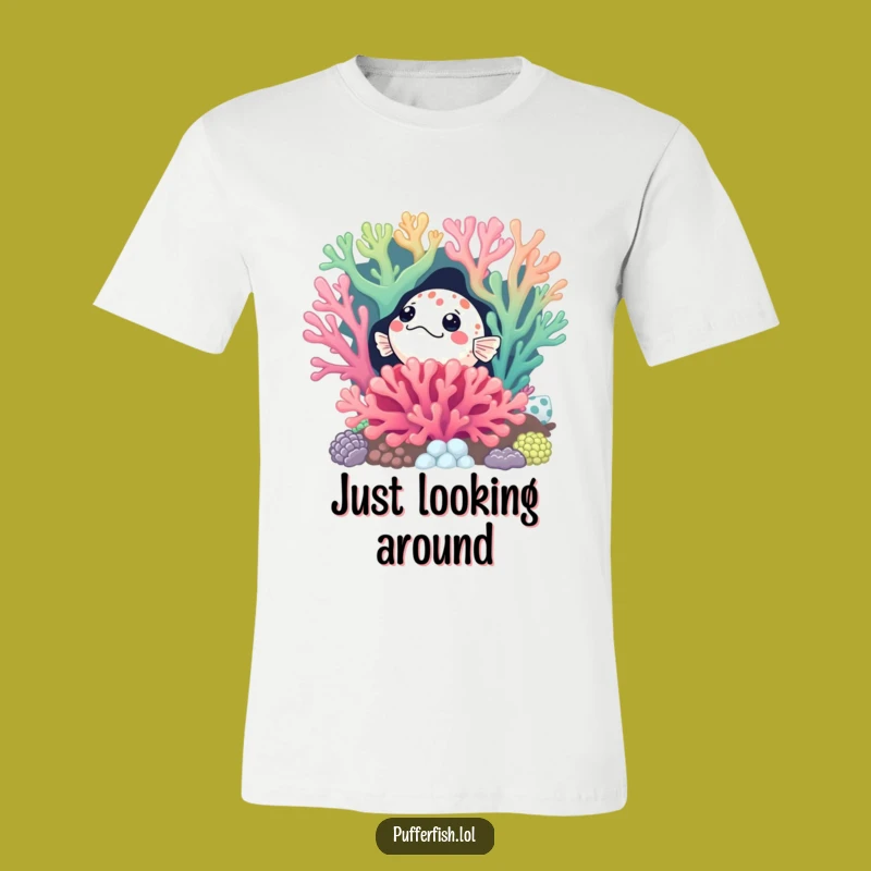 Funny Curious Pufferfish Coral T-Shirt: Hilarious Peek-a-Boo Apparel