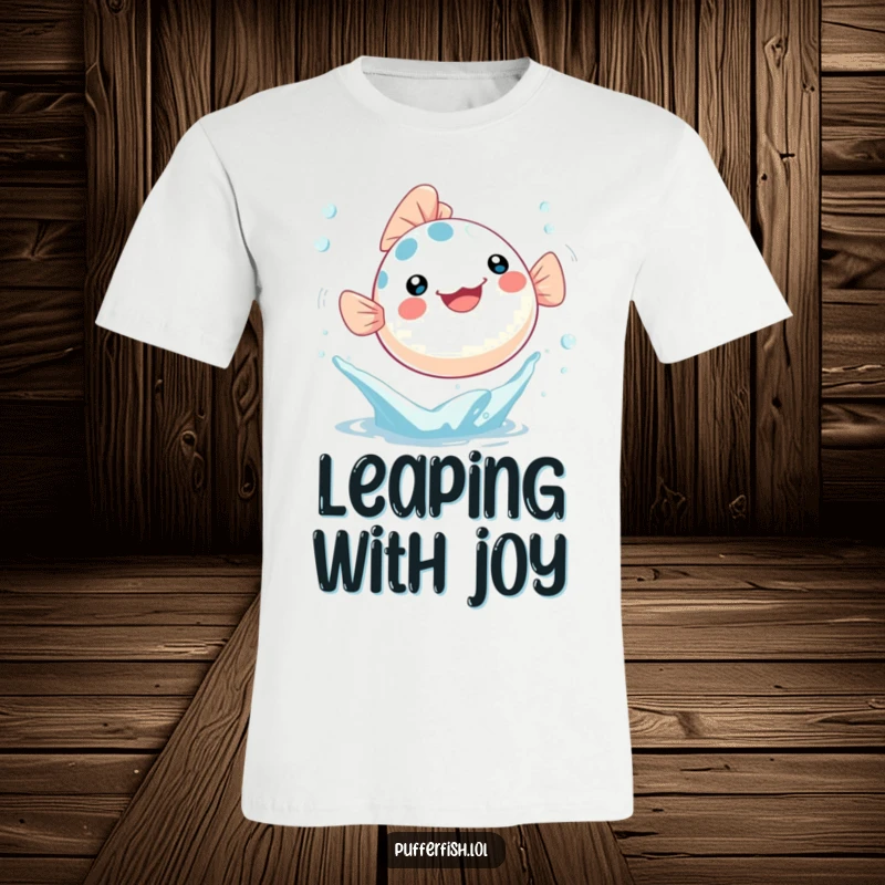 Funny T-Shirt depicting a Kawaii pufferfish joyfully leaping out of a water splash with trailing bubbles, very cute.