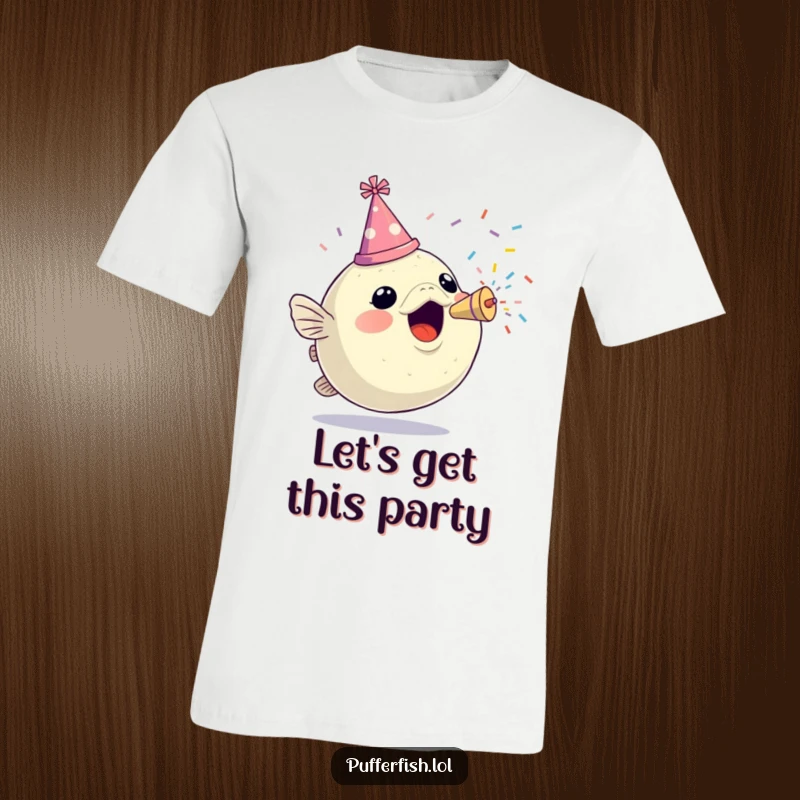 Funny t-shirt featuring an enthusiastic pufferfish in a tiny hat, celebrating with a colorful confetti popper explosion.