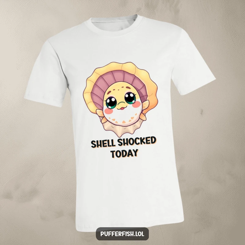 Funny T-Shirt: A wide-eyed, curious pufferfish peeks from behind a big, colorful seashell, embodying a playful and surprising ocean moment.
