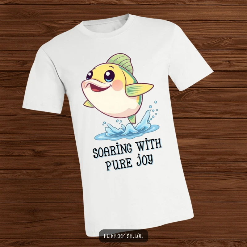 Funny Cheerful Fish T-Shirt: A fish with big, happy eyes leaps joyfully out of the water, embodying pure exuberance.