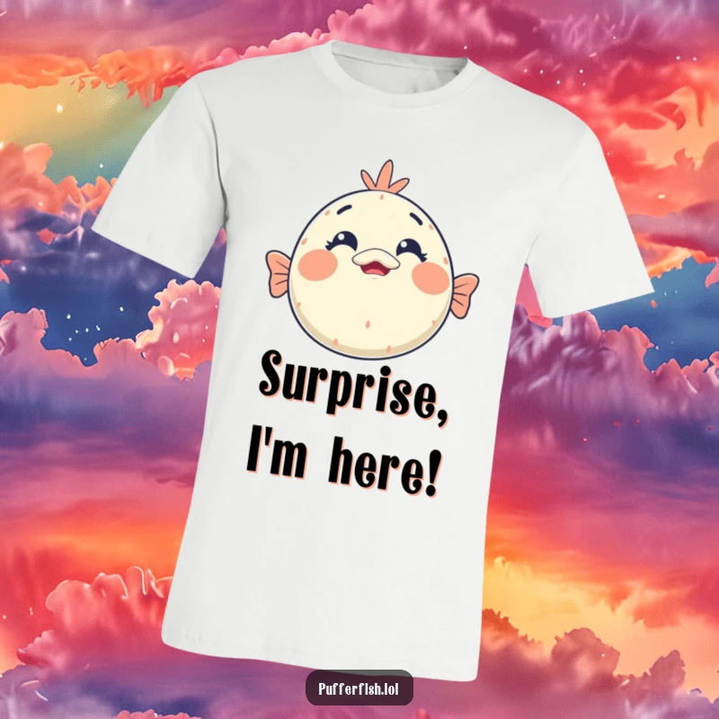 Funny kawaii pufferfish t-shirt showcasing a round face with wide eyes and an open mouth in a hilarious surprised expression.