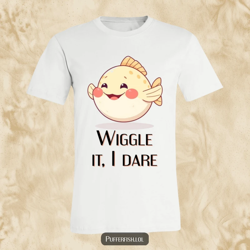 Funny pufferfish t-shirt wiggling fins with a big happy grin, perfect for spreading cheer and laughter.